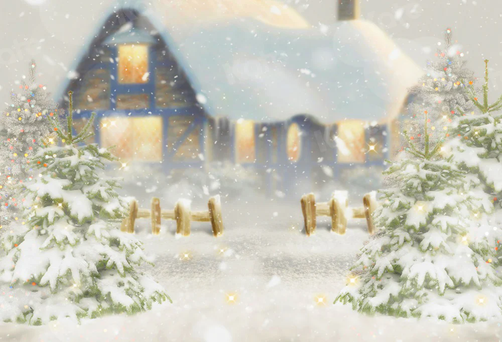 Kate Winter Christmas Snow House Tree Backdrop for Photography - Image 2