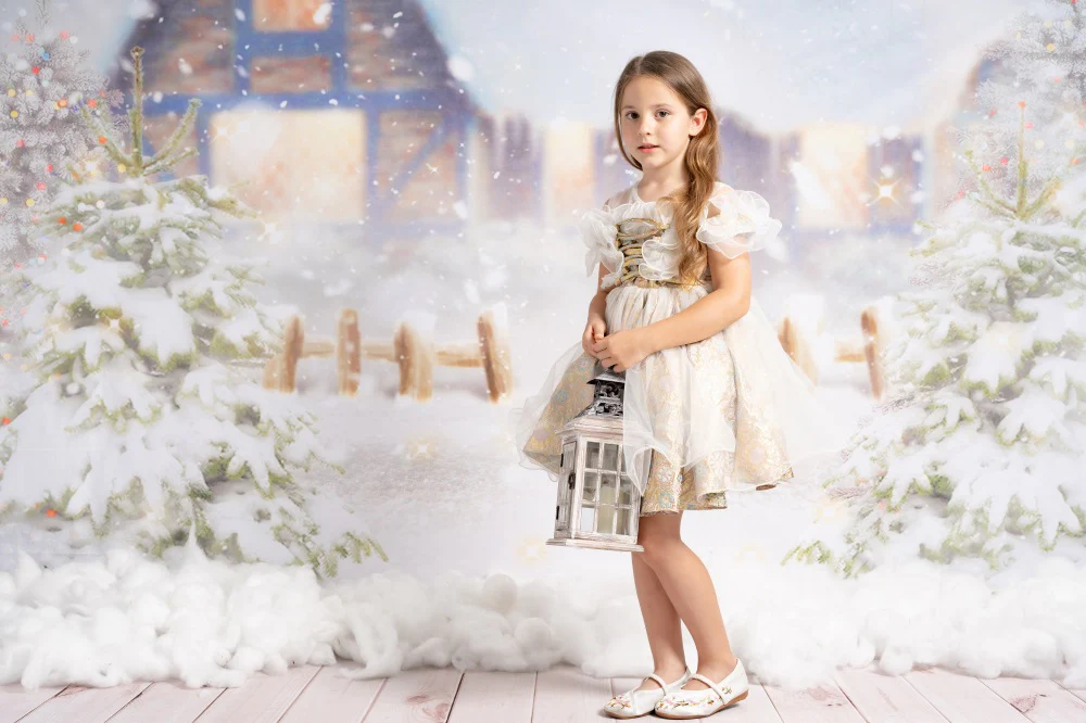 Kate Winter Christmas Snow House Tree Backdrop for Photography - Image 3