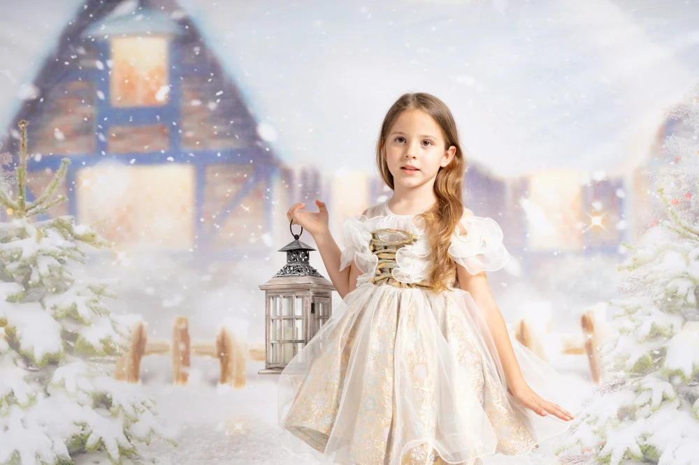 Kate Winter Christmas Snow House Tree Backdrop for Photography - Image 4