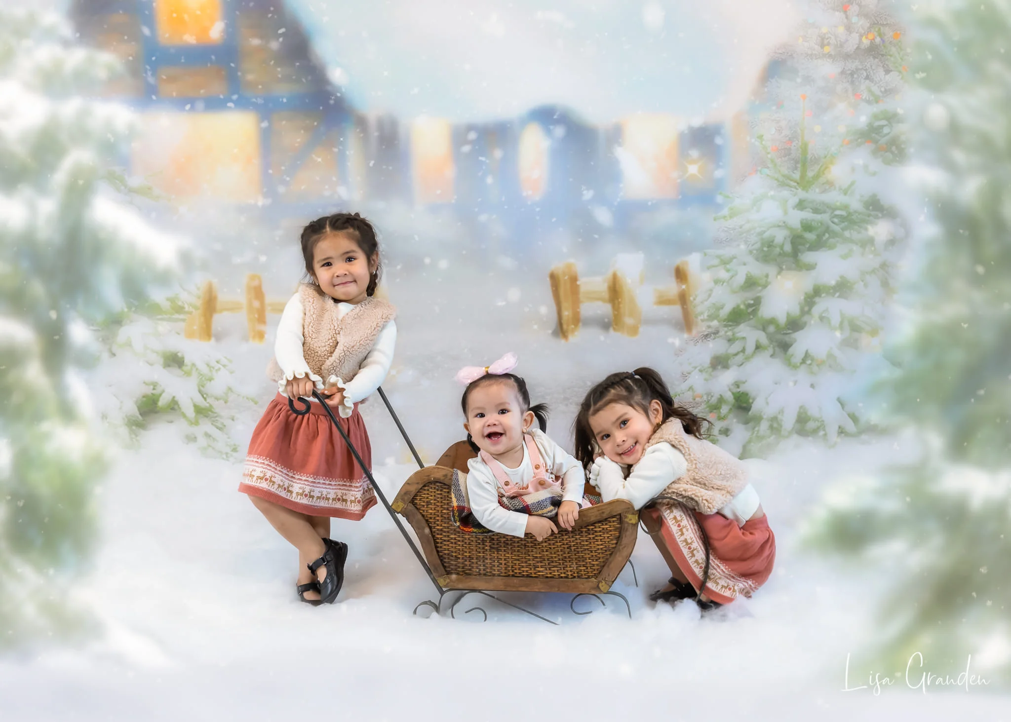 Kate Winter Christmas Snow House Tree Backdrop for Photography - Image 6