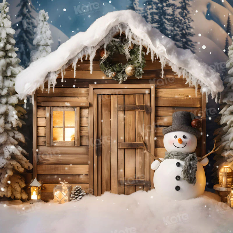 Kate Winter Christmas Snowman House Backdrop for Photography - Image 3