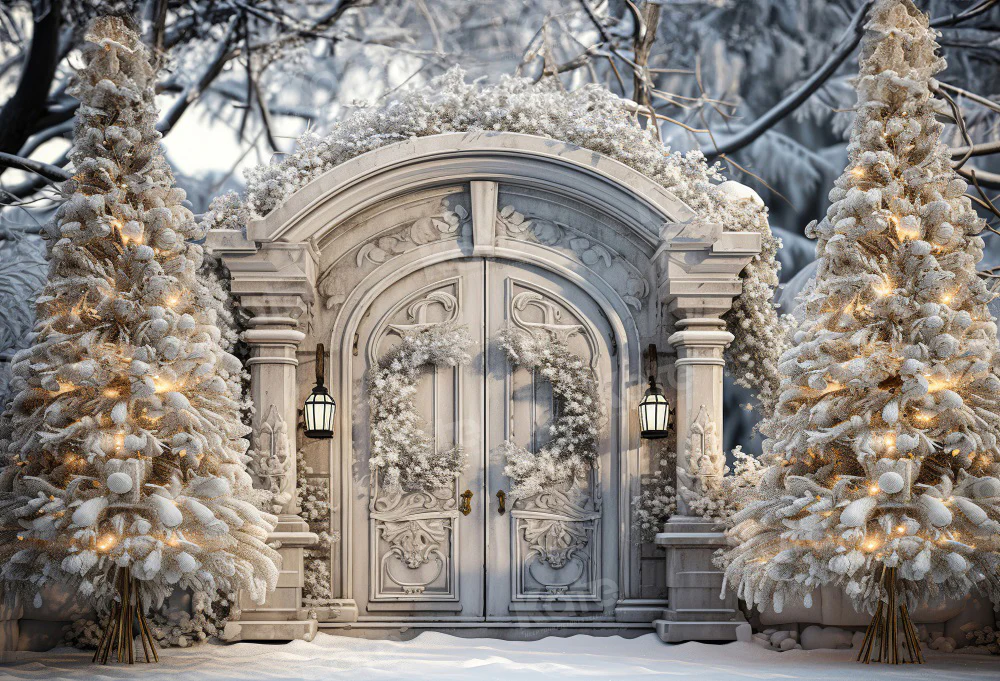Kate Winter Christmas Snowy Door Tree Backdrop for Photography - Image 2