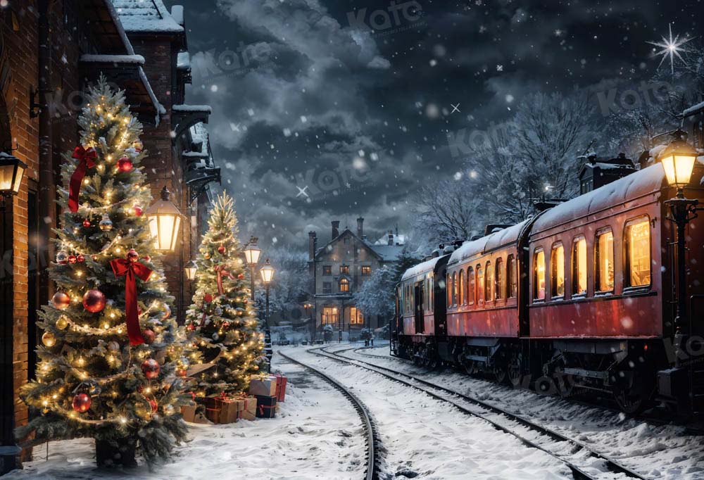 Kate Winter Christmas Tree Train Backdrop Designed by Emetselch - Image 2