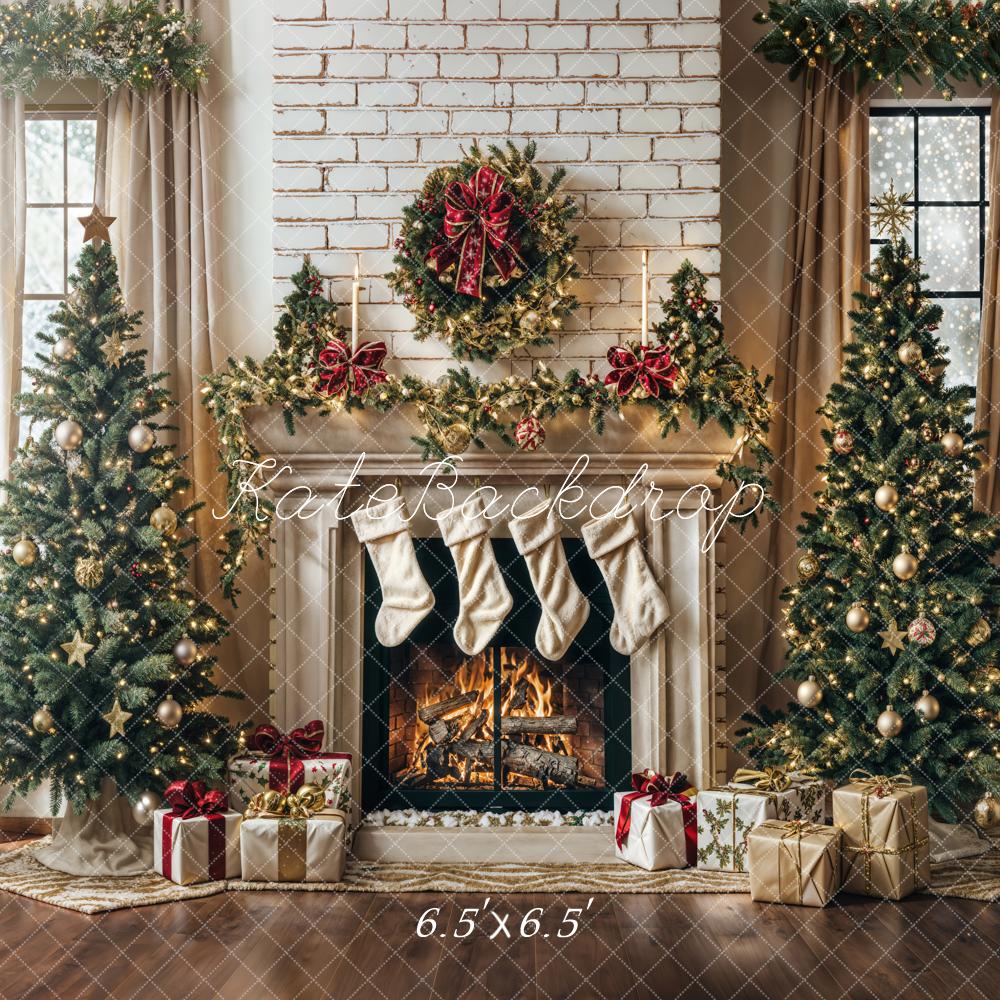 Kate Winter Christmas Tree White Retro Fireplace Backdrop Designed by Emetselch - Image 3
