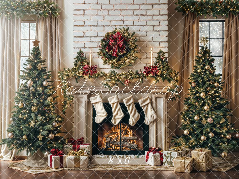 Kate Winter Christmas Tree White Retro Fireplace Backdrop Designed by Emetselch - Image 4
