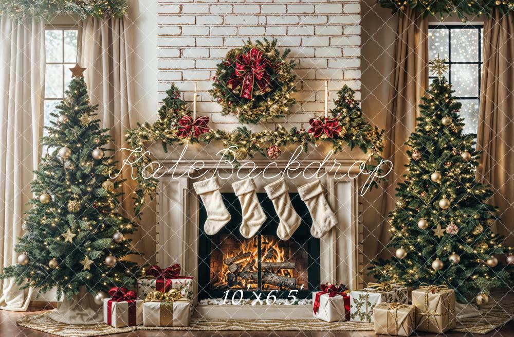 Kate Winter Christmas Tree White Retro Fireplace Backdrop Designed by Emetselch - Image 5