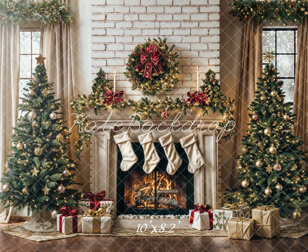 Kate Winter Christmas Tree White Retro Fireplace Backdrop Designed by Emetselch - Image 6