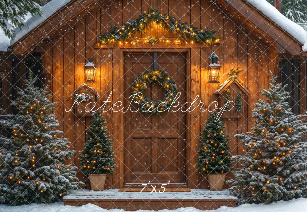 Kate Snowy Winter Christmas Trees Wood House Backdrop Designed by Emetselch - Image 2