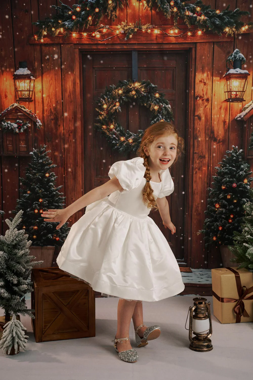 Kate Snowy Winter Christmas Trees Wood House Backdrop Designed by Emetselch - Image 4