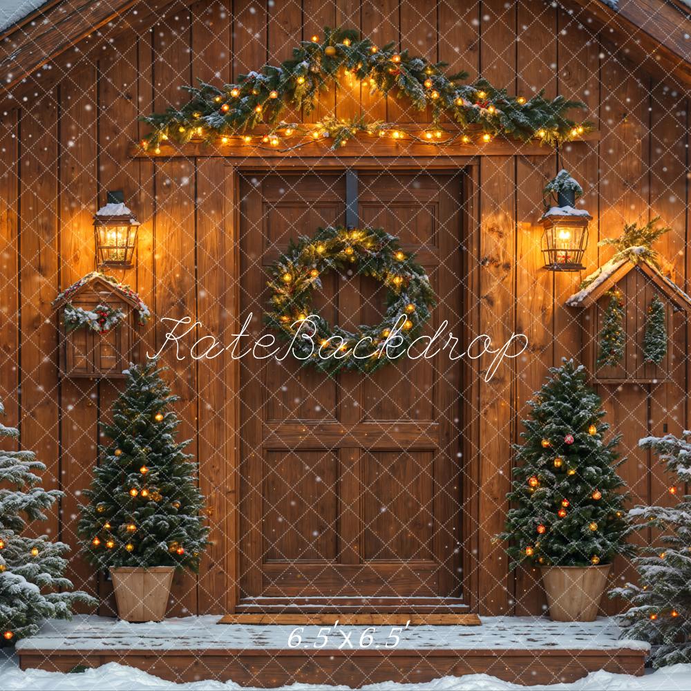 Kate Snowy Winter Christmas Trees Wood House Backdrop Designed by Emetselch - Image 5