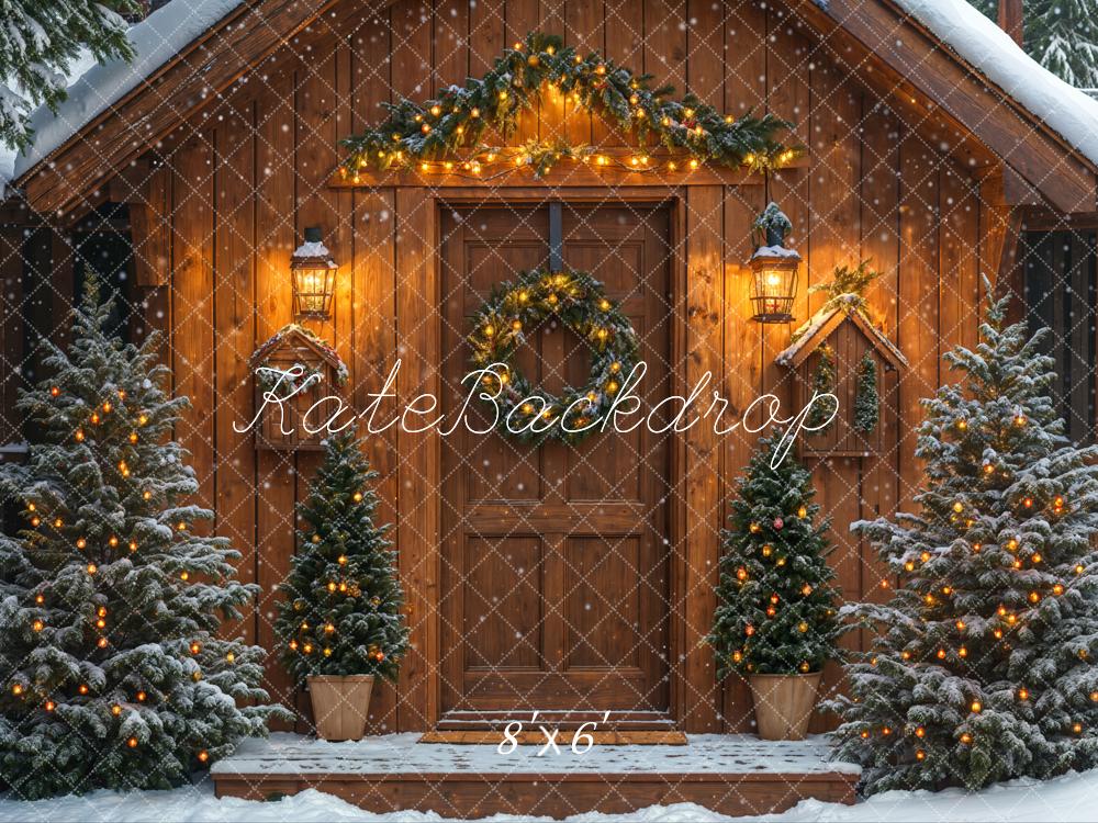 Kate Snowy Winter Christmas Trees Wood House Backdrop Designed by Emetselch - Image 6