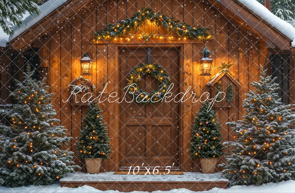 Kate Snowy Winter Christmas Trees Wood House Backdrop Designed by Emetselch - Image 7
