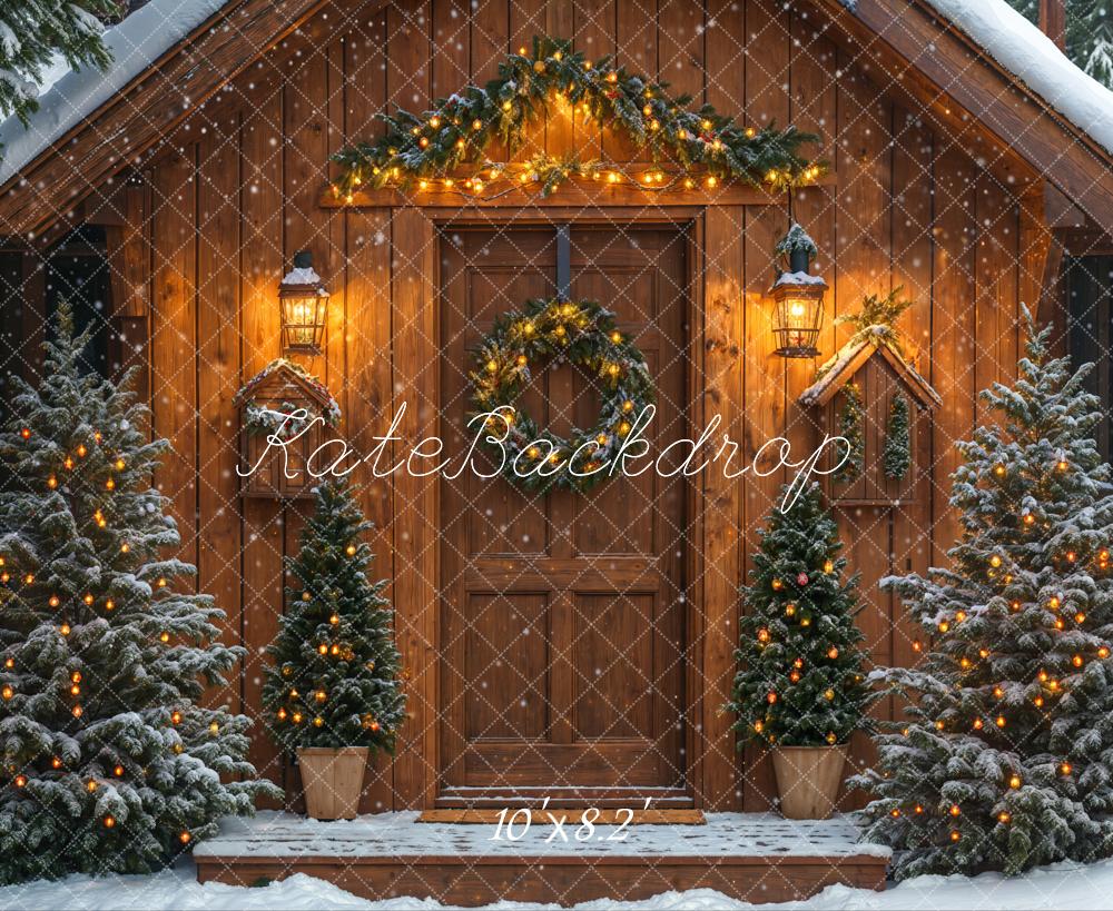Kate Snowy Winter Christmas Trees Wood House Backdrop Designed by Emetselch - Image 8
