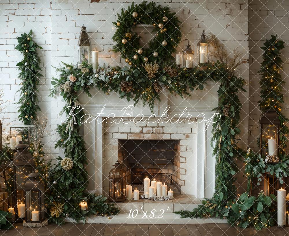 Kate Winter Christmas White Brick Fireplace Backdrop Designed by Emetselch - Image 10