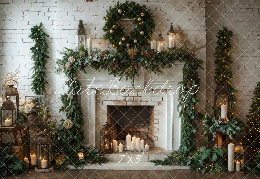 Kate Winter Christmas White Brick Fireplace Backdrop Designed by Emetselch - Image 2