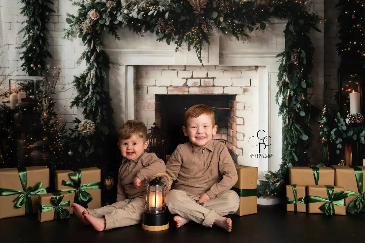 Kate Winter Christmas White Brick Fireplace Backdrop Designed by Emetselch - Image 4