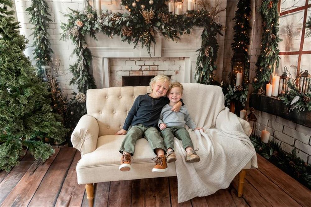 Kate Winter Christmas White Brick Fireplace Backdrop Designed by Emetselch - Image 5