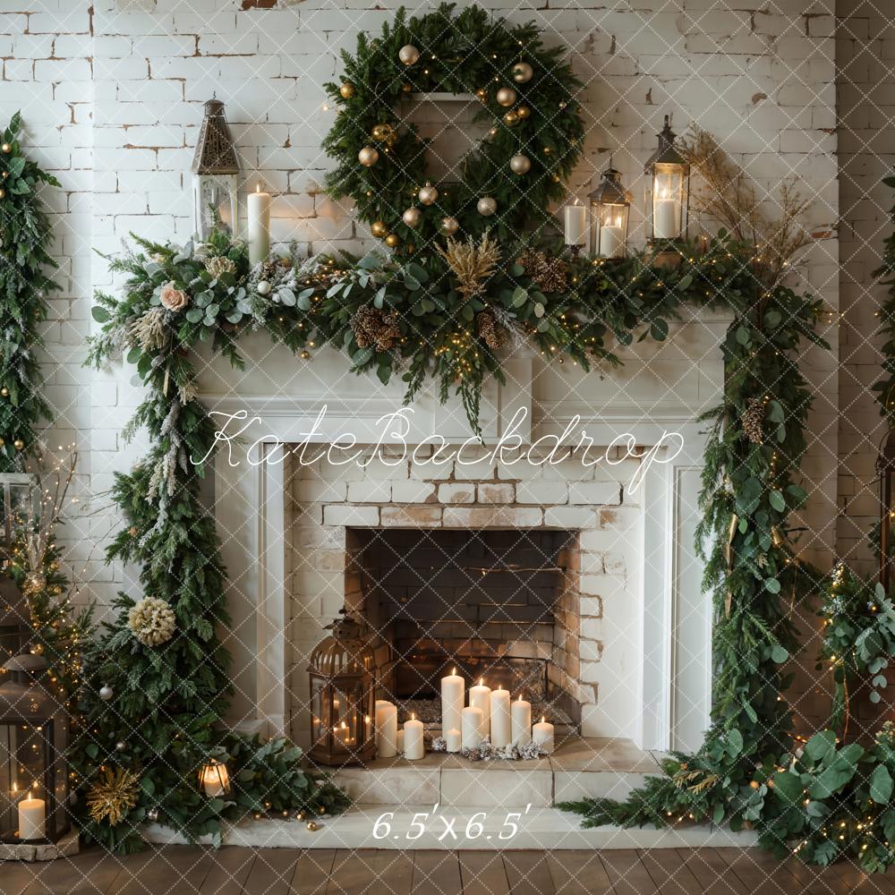 Kate Winter Christmas White Brick Fireplace Backdrop Designed by Emetselch - Image 7