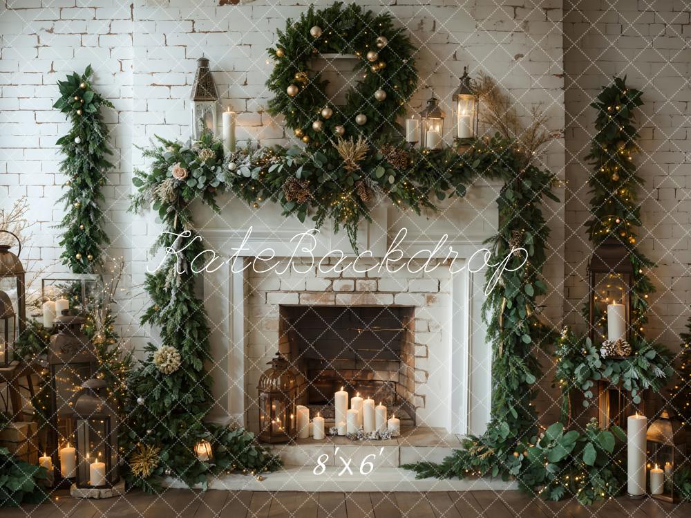 Kate Winter Christmas White Brick Fireplace Backdrop Designed by Emetselch - Image 8