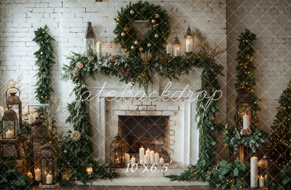 Kate Winter Christmas White Brick Fireplace Backdrop Designed by Emetselch - Image 9
