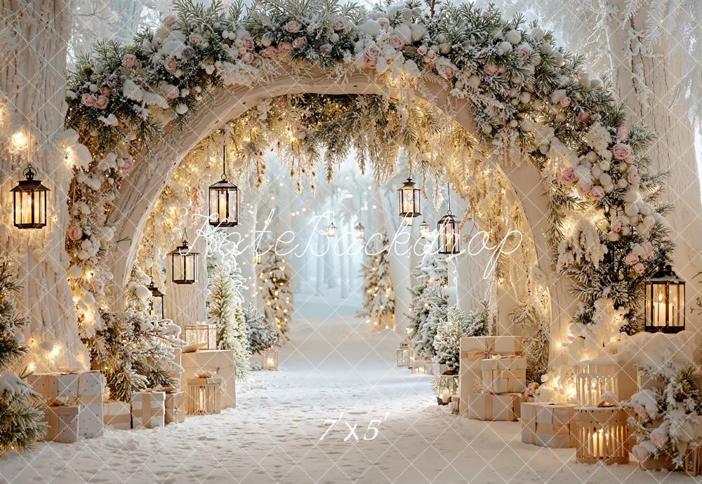 Kate Winter Floral Arch Presents Lanterns Backdrop Designed by Emetselch - Image 2