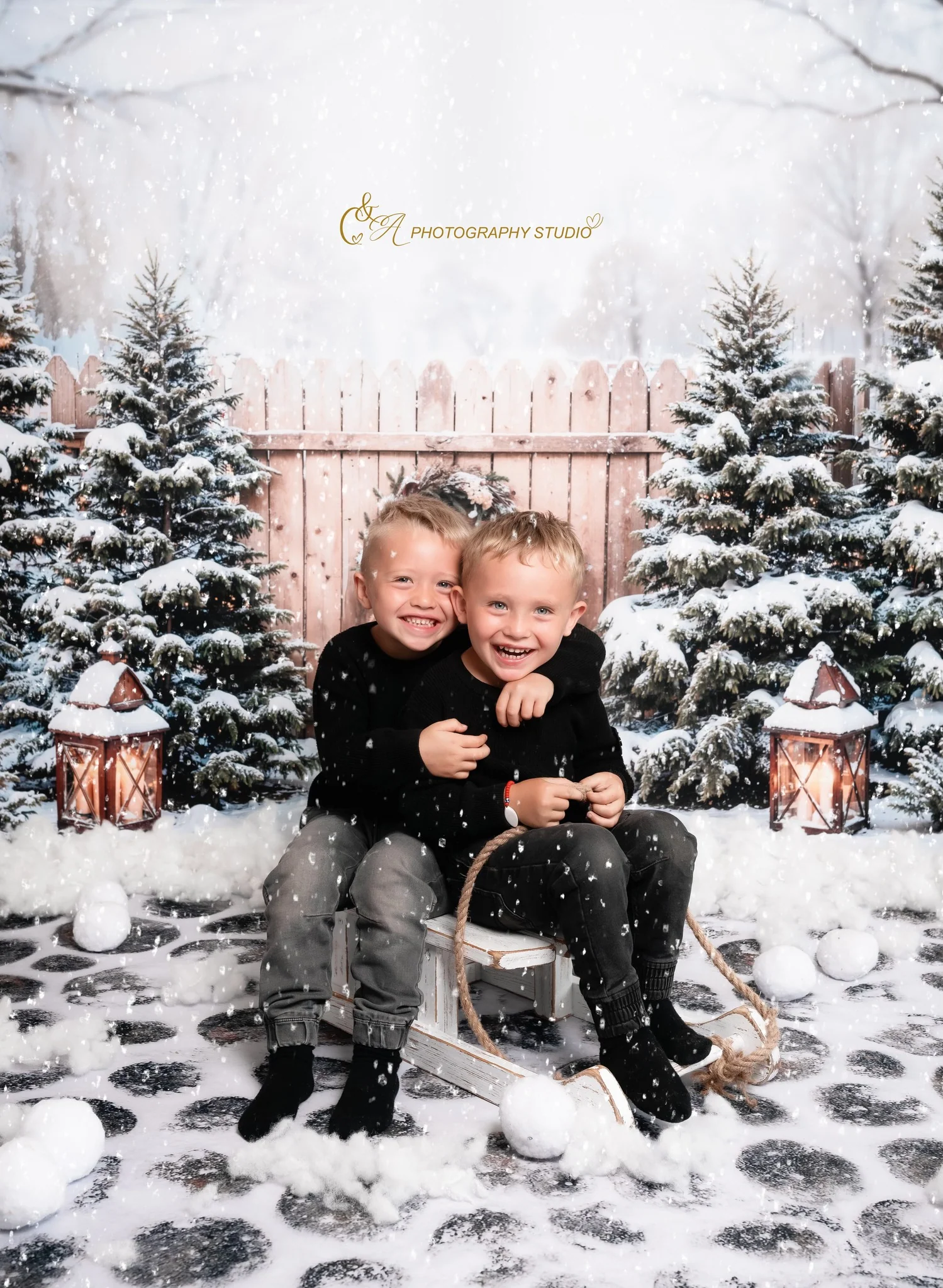Kate Winter Forest Christmas Tree Brown Fence Backdrop Designed by Emetselch - Image 3