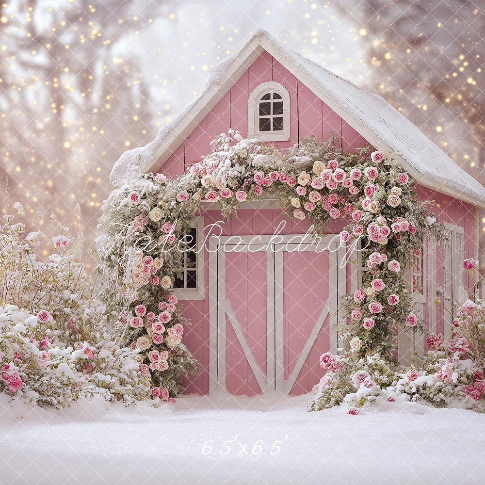 Kate Winter Pink Cottage Snow Backdrop Designed by Angela Marie Photography - Image 2