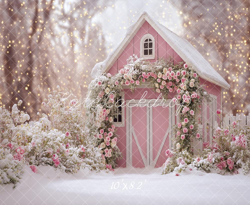 Kate Winter Pink Cottage Snow Backdrop Designed by Angela Marie Photography - Image 6