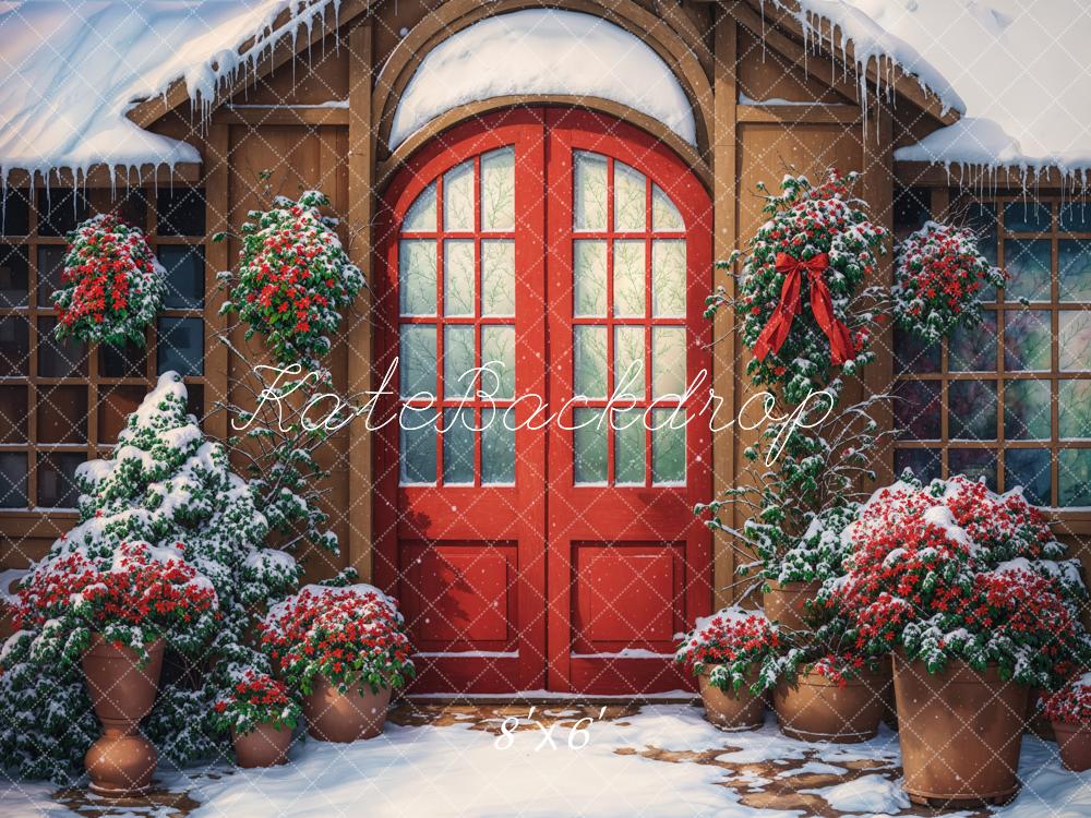 Kate Winter Red Arch Door Retro Cabin Backdrop Designed by Chain Photography - Image 3
