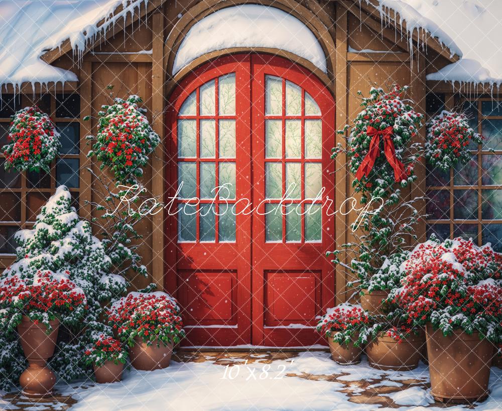 Kate Winter Red Arch Door Retro Cabin Backdrop Designed by Chain Photography - Image 5