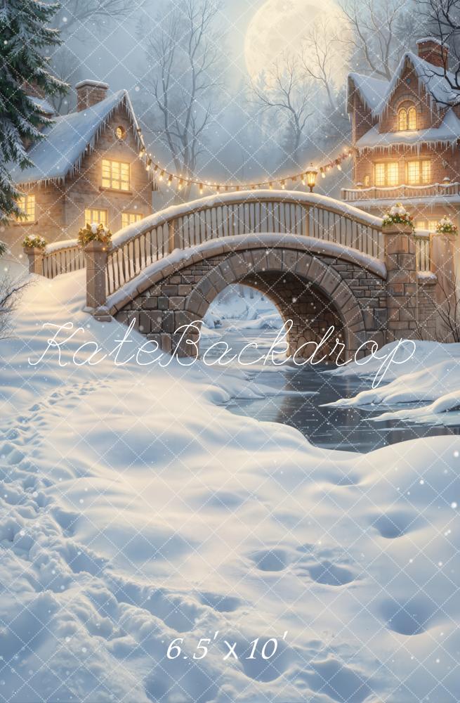 Kate Winter Snow Bridge Houses Moonlight Fleece Backdrop Designed by GQ - Image 2