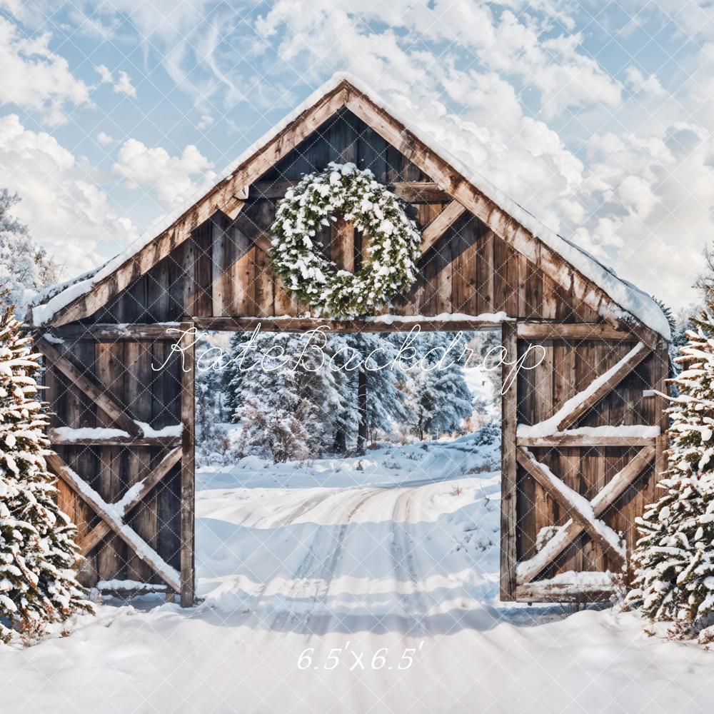 Kate Winter Snow Forest Wooden Cabin Door Backdrop Designed by Emetselch - Image 2