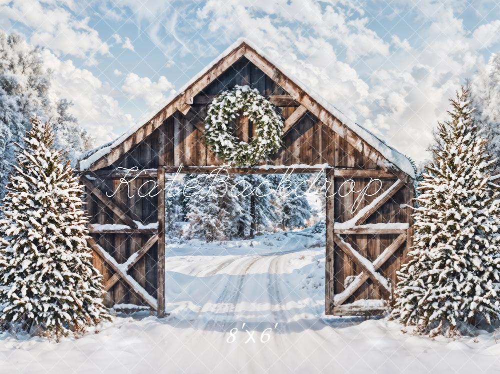 Kate Winter Snow Forest Wooden Cabin Door Backdrop Designed by Emetselch - Image 3