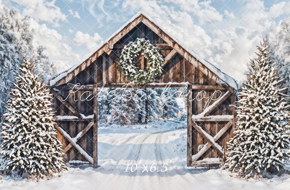 Kate Winter Snow Forest Wooden Cabin Door Backdrop Designed by Emetselch - Image 4