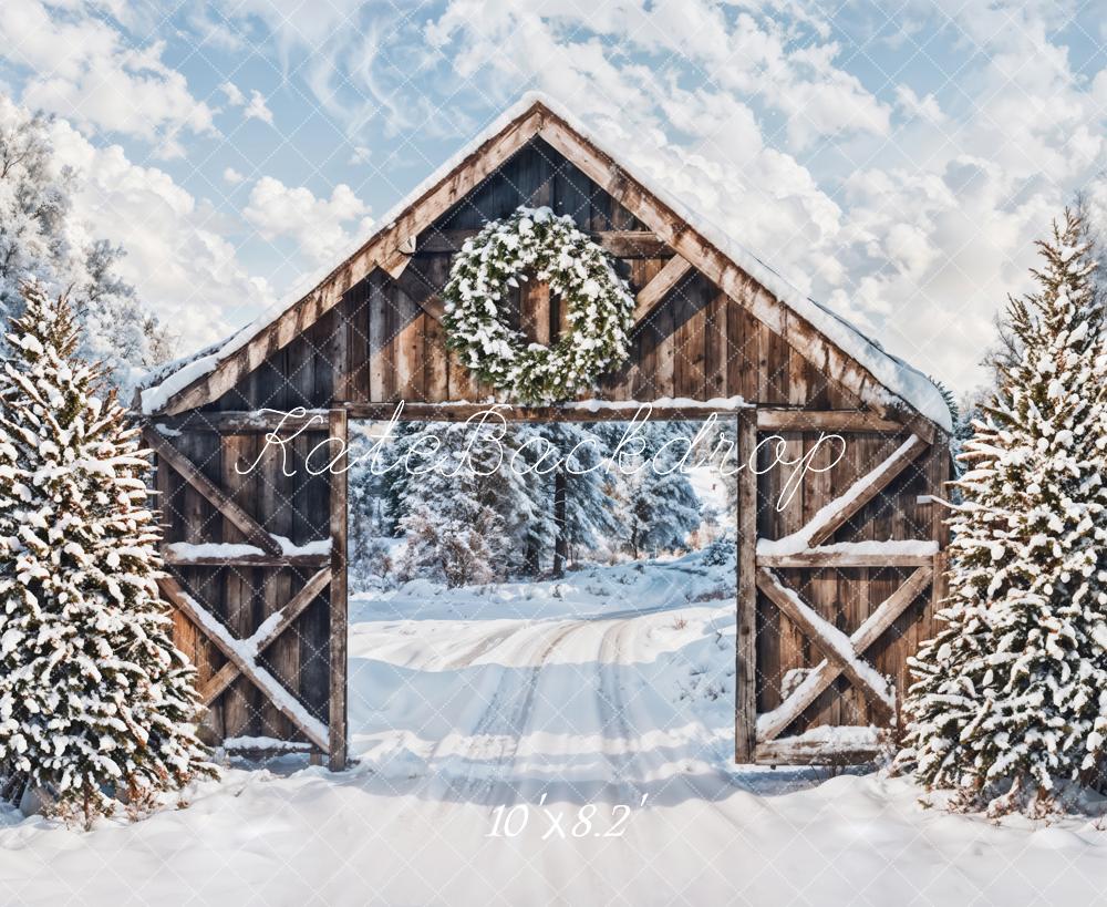 Kate Winter Snow Forest Wooden Cabin Door Backdrop Designed by Emetselch - Image 5