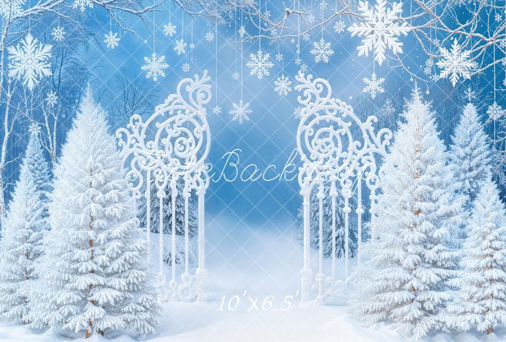 Kate Winter Snowflakes White Trees Gate Fleece Backdrop Designed by Emetselch - Image 2