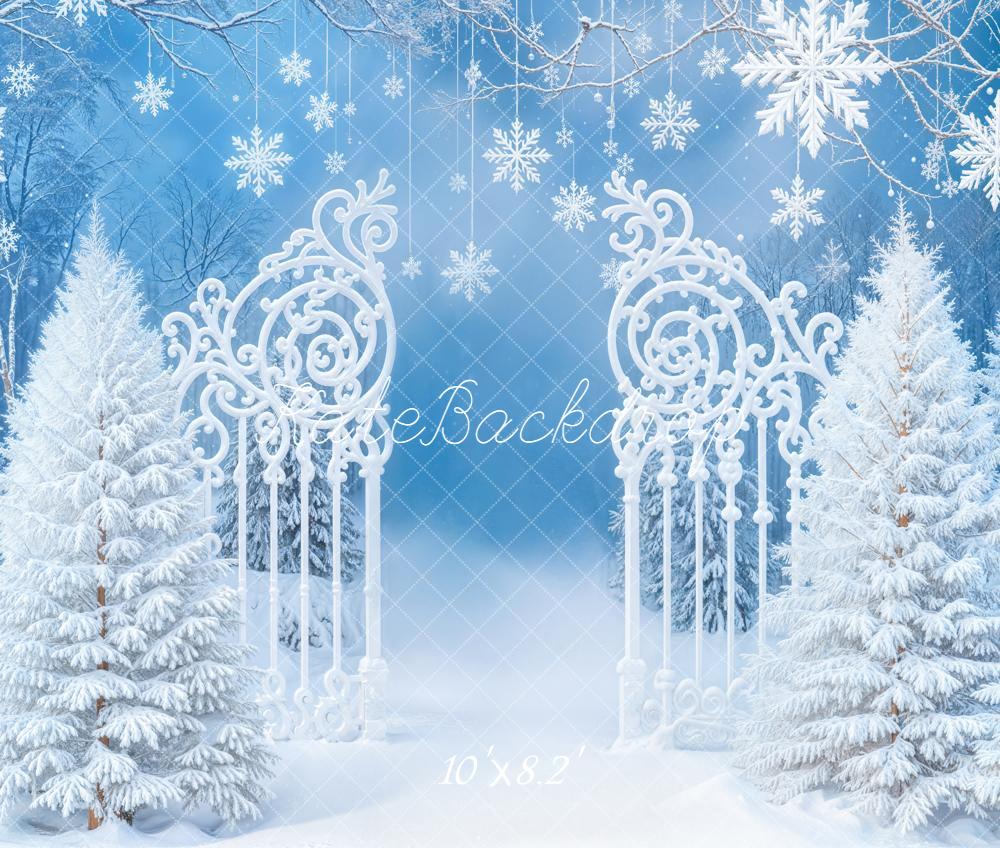 Kate Winter Snowflakes White Trees Gate Fleece Backdrop Designed by Emetselch - Image 3