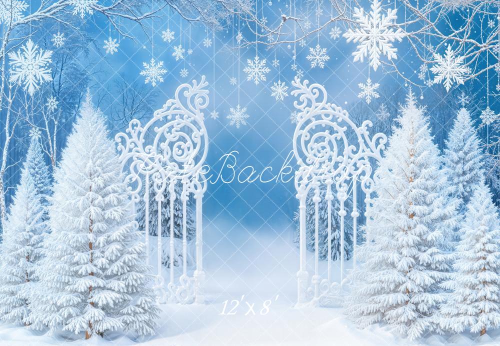 Kate Winter Snowflakes White Trees Gate Fleece Backdrop Designed by Emetselch - Image 4