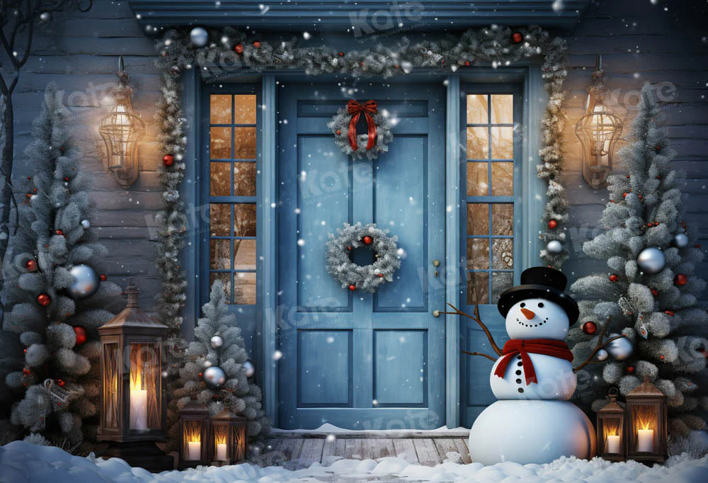 Kate Christmas Winter Snowy Blue Door Snowman Backdrop Designed by Chain Photography - Image 2