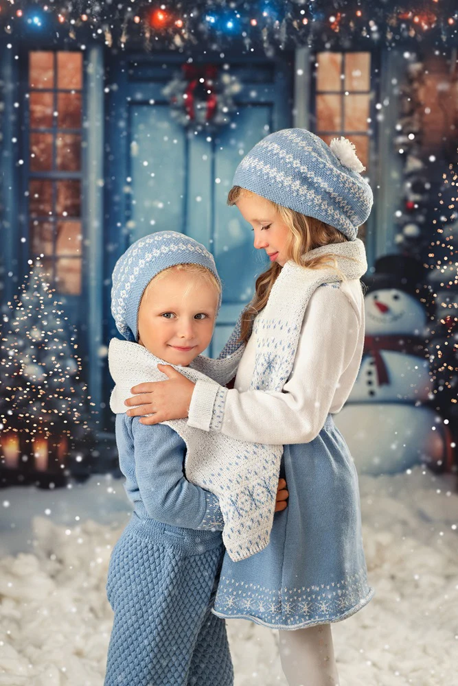 Kate Christmas Winter Snowy Blue Door Snowman Backdrop Designed by Chain Photography - Image 3
