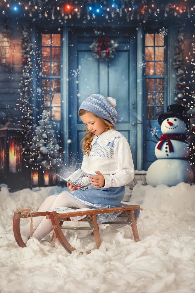 Kate Christmas Winter Snowy Blue Door Snowman Backdrop Designed by Chain Photography - Image 4