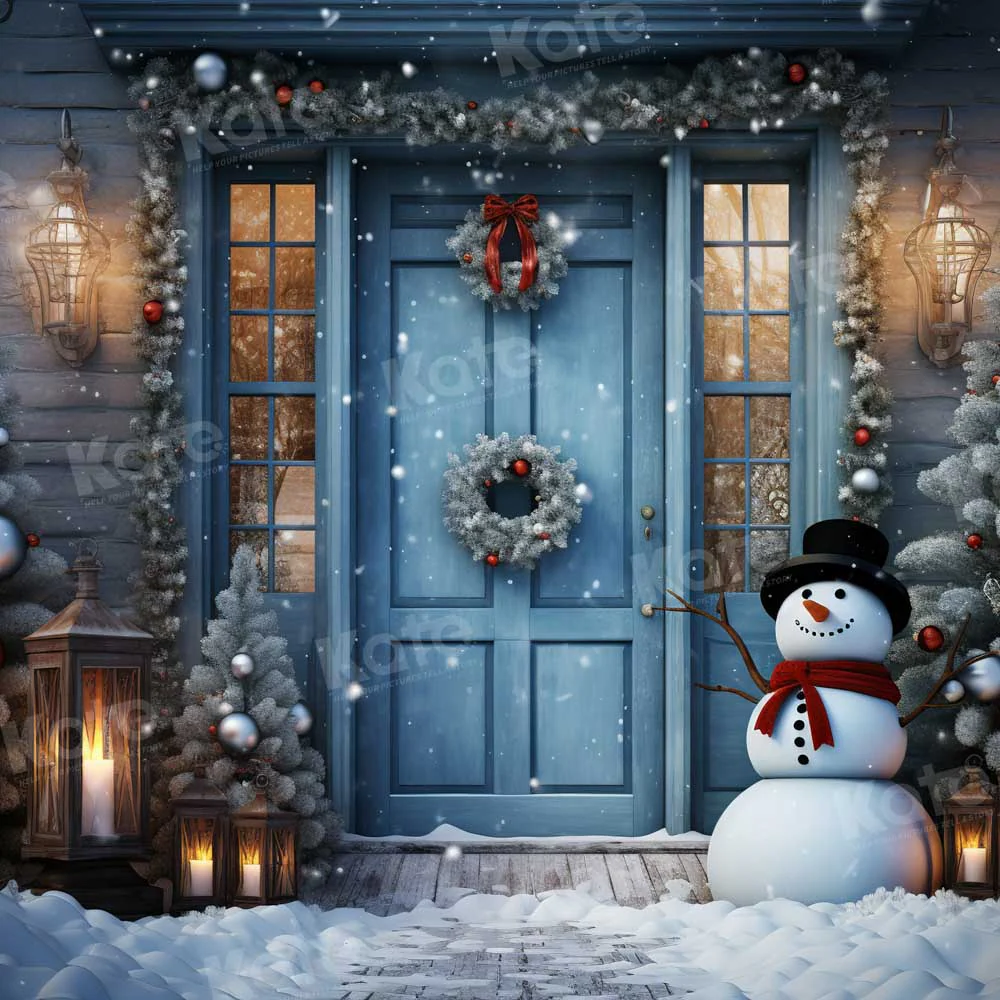 Kate Christmas Winter Snowy Blue Door Snowman Backdrop Designed by Chain Photography - Image 5