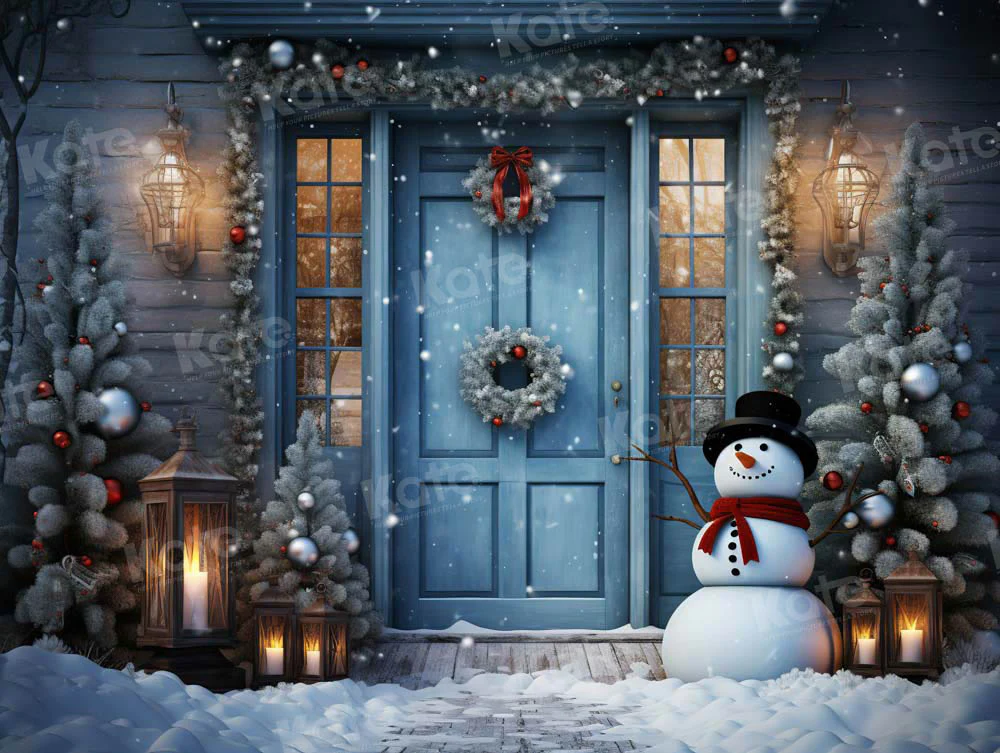 Kate Christmas Winter Snowy Blue Door Snowman Backdrop Designed by Chain Photography - Image 6