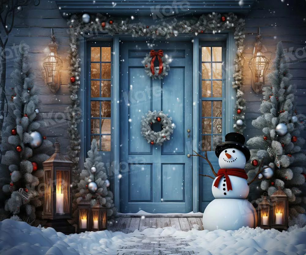 Kate Christmas Winter Snowy Blue Door Snowman Backdrop Designed by Chain Photography - Image 7