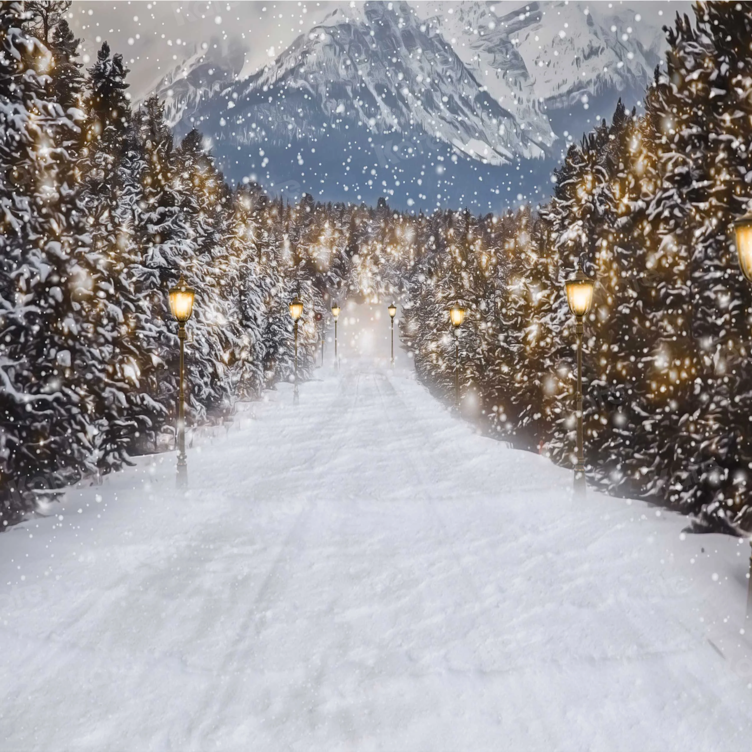 Kate Winter Snowy Christmas Trees Road Backdrop for Photography - Image 2