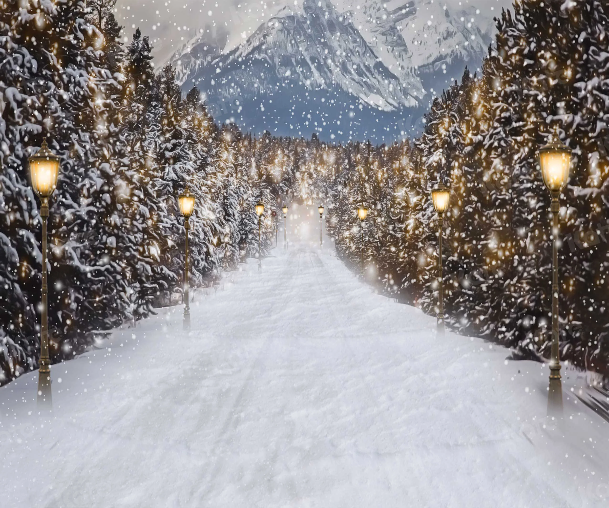 Kate Winter Snowy Christmas Trees Road Backdrop for Photography - Image 3