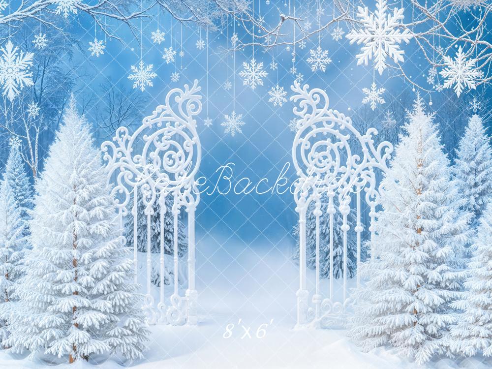 Kate Winter Snowy Trees Ornate Gate Blue Backdrop Designed by Emetselch - Image 3