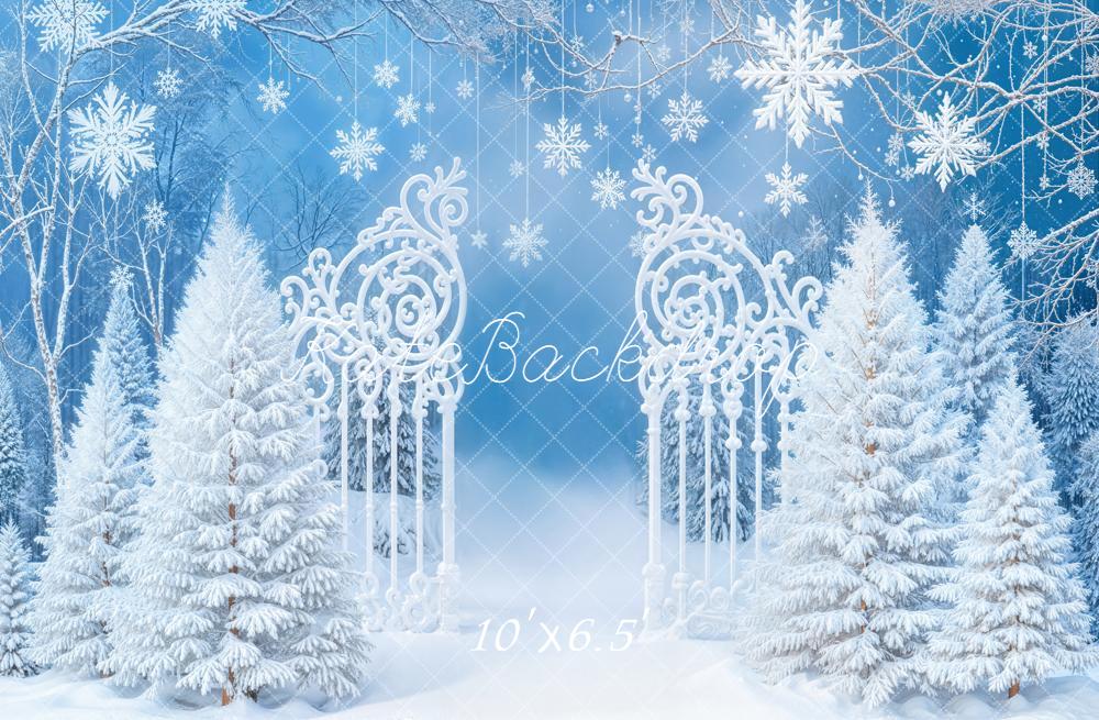Kate Winter Snowy Trees Ornate Gate Blue Backdrop Designed by Emetselch - Image 4