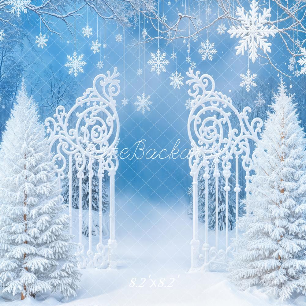 Kate Winter Snowy Trees Ornate Gate Blue Backdrop Designed by Emetselch - Image 5