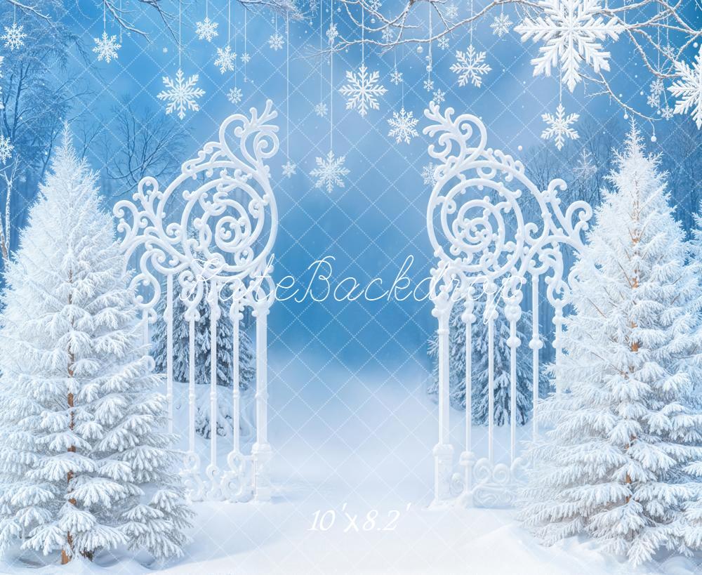 Kate Winter Snowy Trees Ornate Gate Blue Backdrop Designed by Emetselch - Image 6